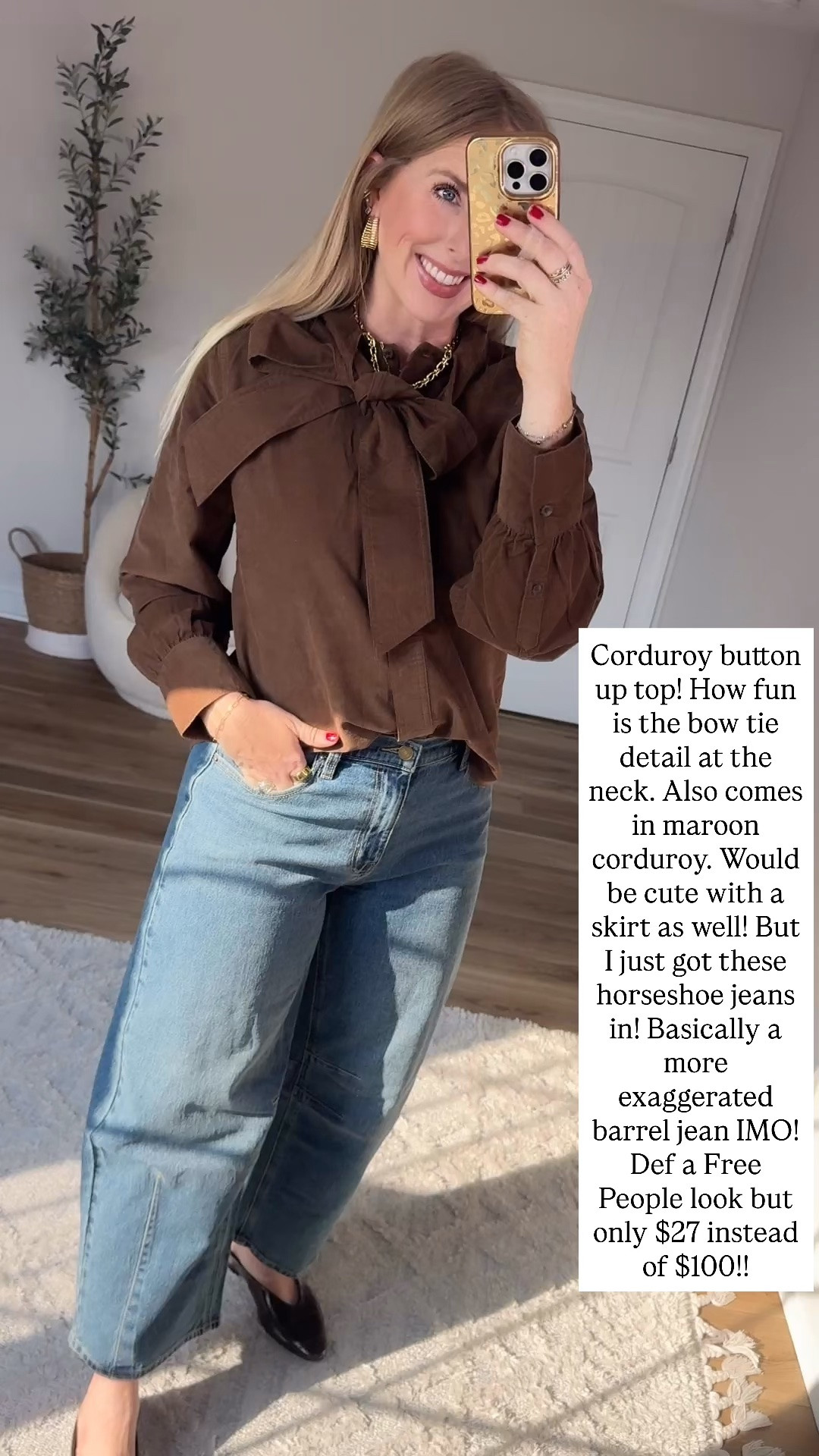 Brown corduroy tie neck top from Walmart

#LTKootd