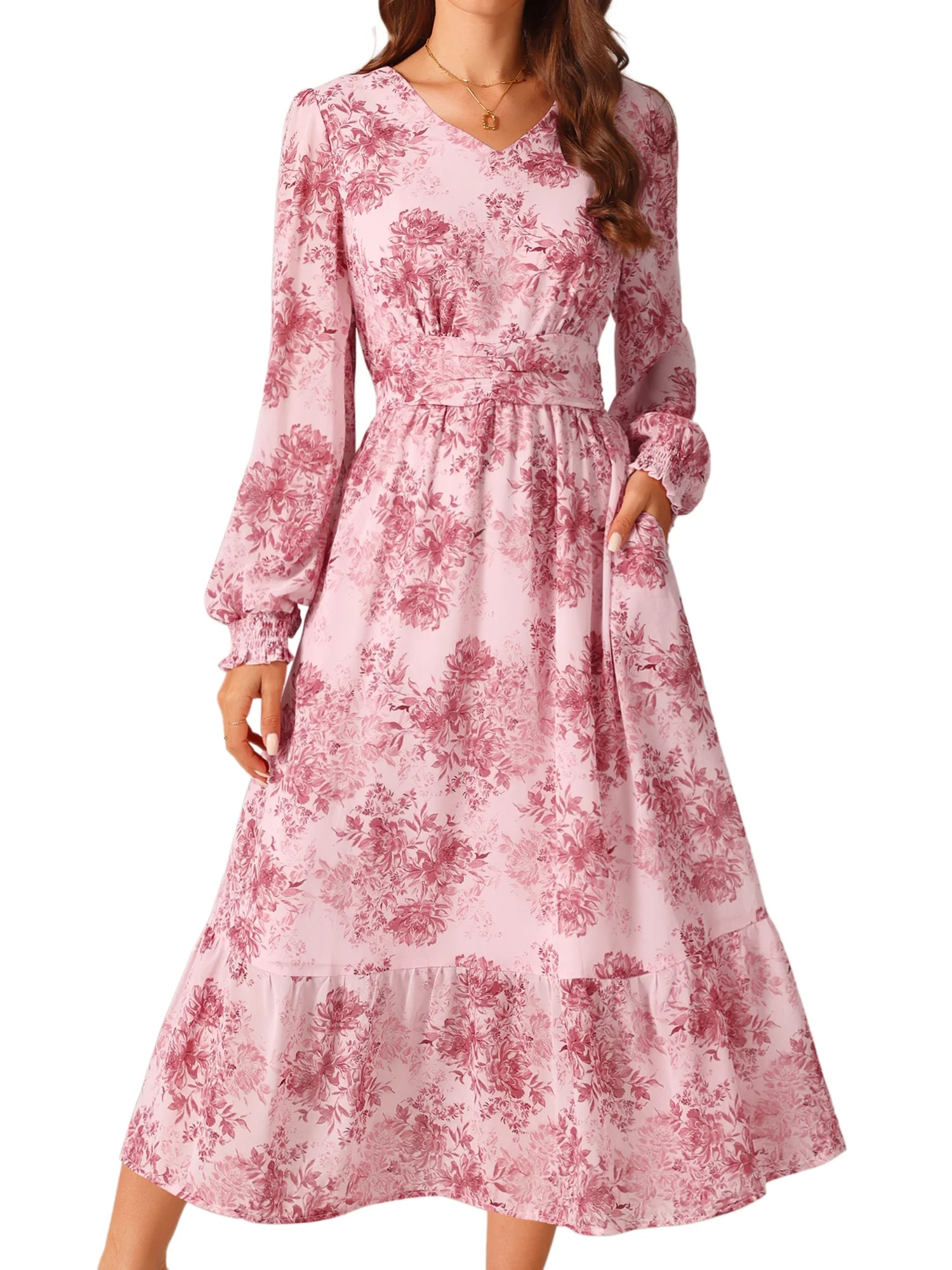 DARING DIVA Long Sleeve Floral V Neck Boho Chiffon Midi Dress M Pink | Walmart (US)