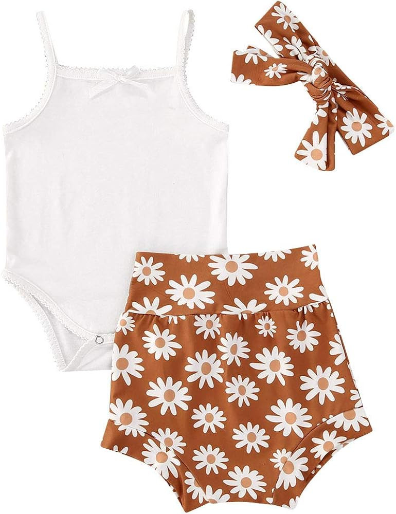 3Pcs Newborn Baby Girl Summer Shorts Outfit Sleeveless Bodysuit Romper+Ruffles Short Pants+Headba... | Amazon (US)