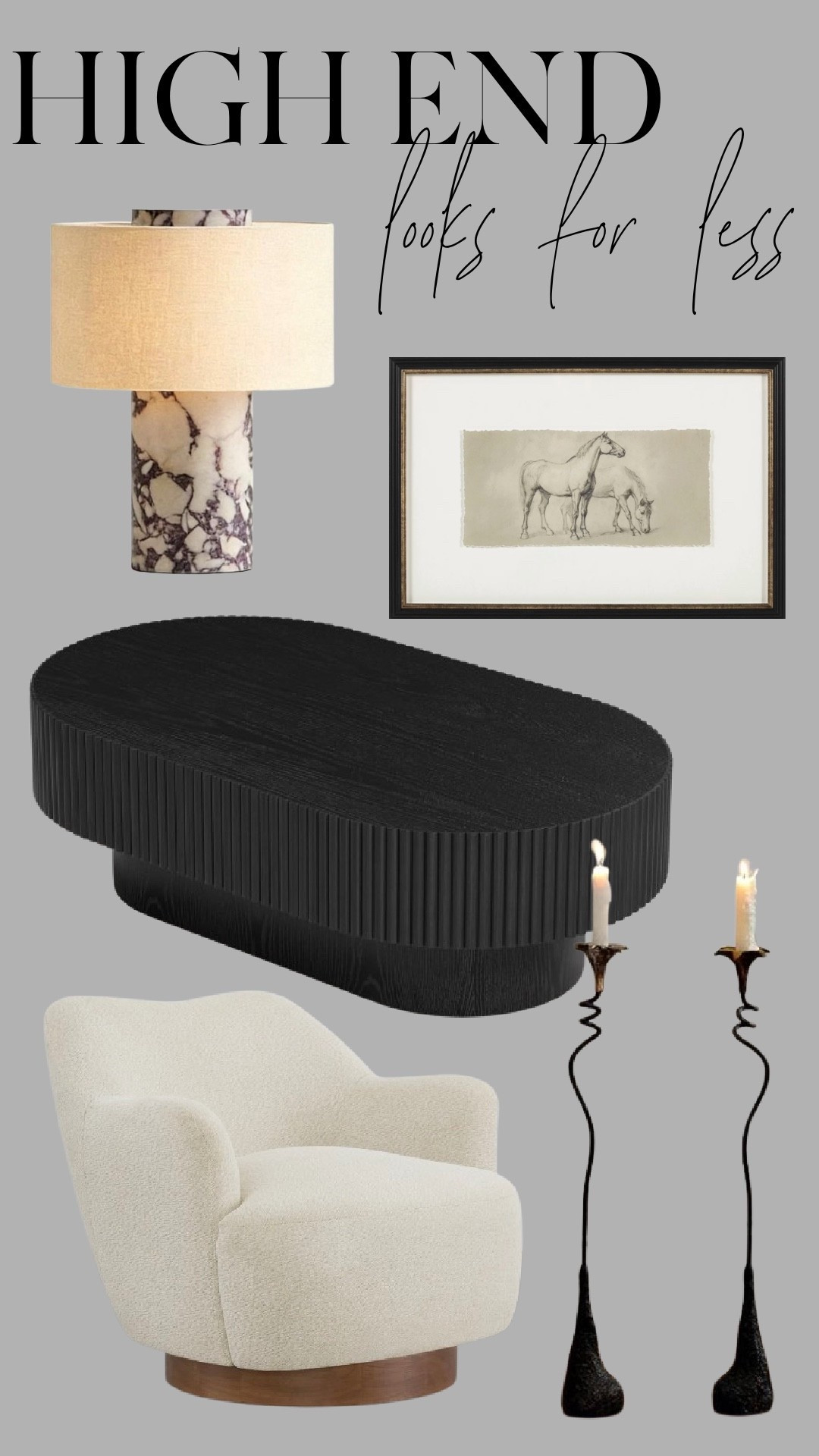 High-end looks for less 🤎

If you love that Restoration Hardware–inspired, moody neutral vibe but not the price tag… this one’s for you.

• sculptural black fluted coffee table
• creamy boucle swivel chair
• marble-look statement lamp
• classic equestrian art
• dramatic taper candle holders

These pieces feel elevated, timeless, and designer — without the designer markup.

Everything is linked here for easy shopping. Save this for when you’re ready to refresh a space 🤍

#LTKhome #LTKsale #neutralmodern #restorationhardwarestyle #designerlookforless

#LTKHome #LTKSaleAlert
