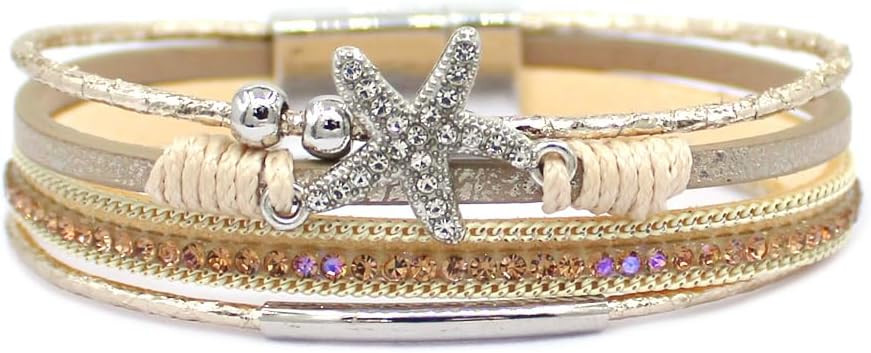 P Ammy Fashion® Multi-layered Leather Bracelet Rhinestone Starfish Stackable Boho Cuff Bangles B... | Amazon (US)