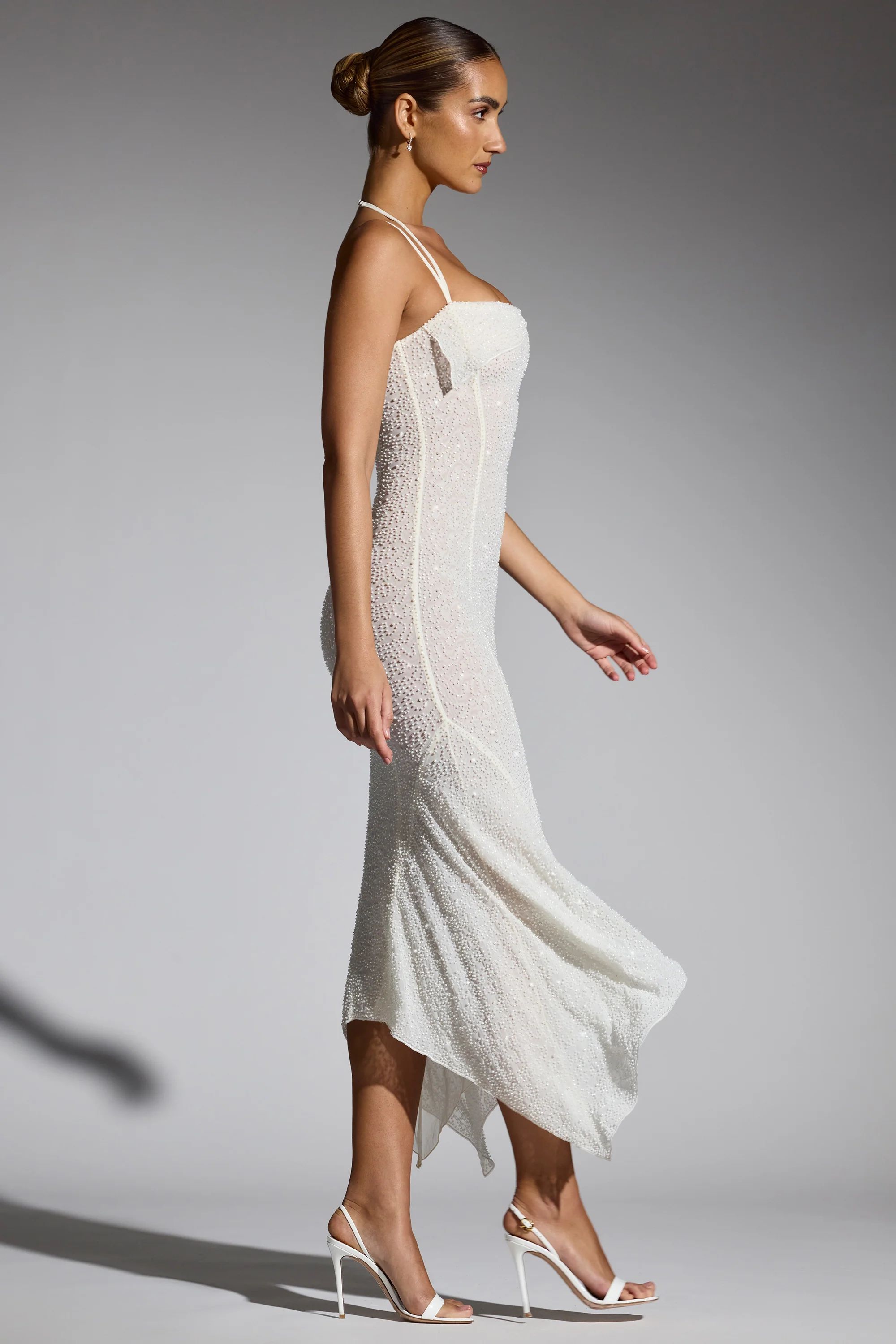 Embellished Handkerchief Hem Maxi Dress in White | Oh Polly