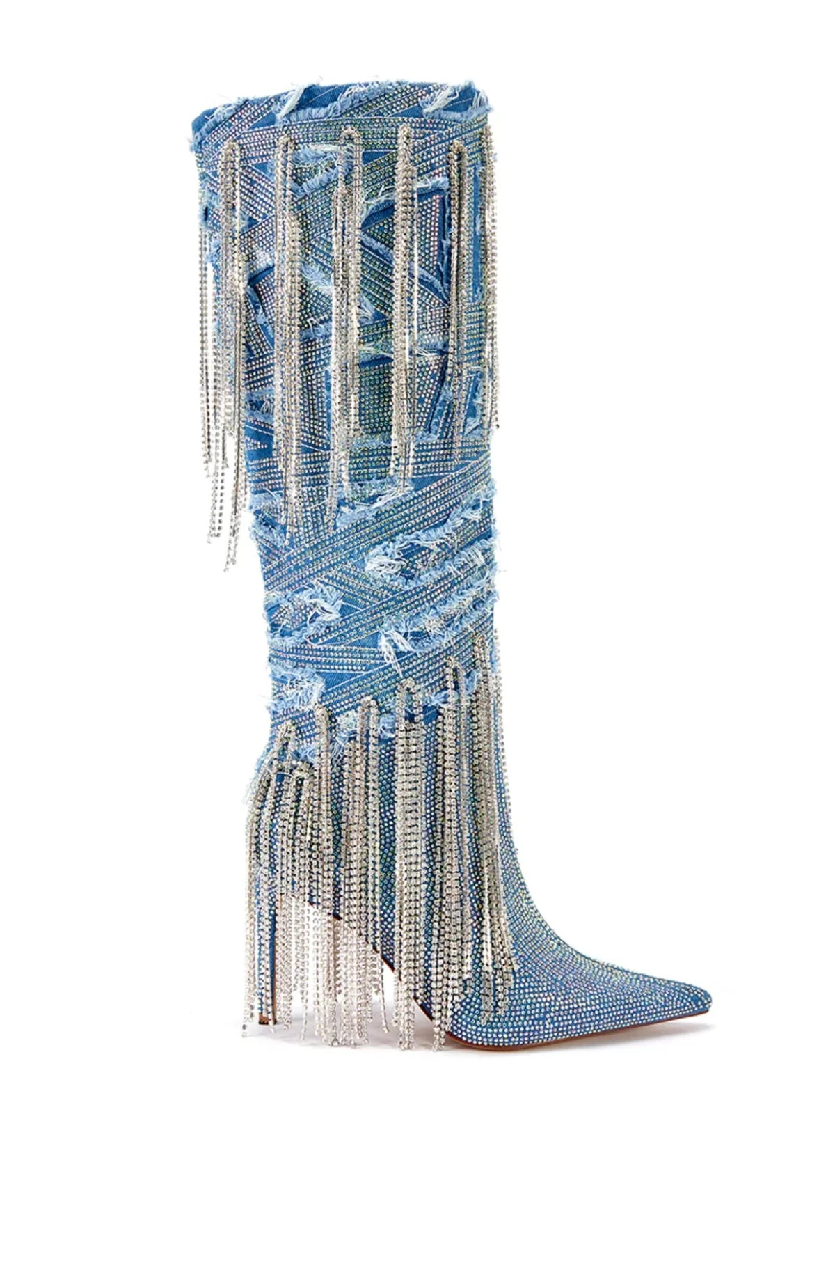 MISCHIEF-DENIM CRYSTAL TASSEL STILETTO BOOT | Azalea Wang