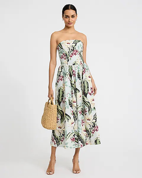 Cotton Poplin Floral Strapless Dipped Waist Midi Dress With Pockets | Express