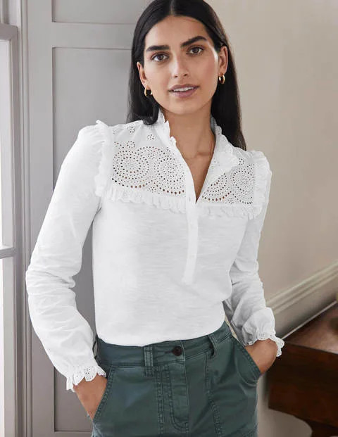 Broderie Yoke Jersey Top - White | Boden UK | Boden (UK & IE)