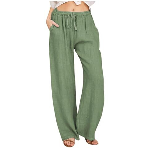 HOTYD Women's Cotton Linen Pants Summer Wide Leg Casual Loose Drawstring High Waist Palazzo Pants Trousers with Pockets,Green,L | Amazon (US)