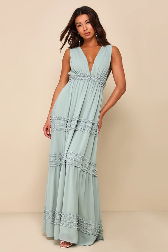 Adoring Effect Sage Brush Chiffon Tiered Ruffled Maxi Dress | Lulus
