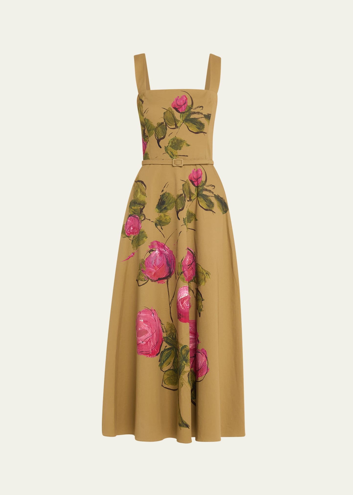 Oscar de la Renta Painted Roses Full Skirt Cotton Twill Dress | Bergdorf Goodman