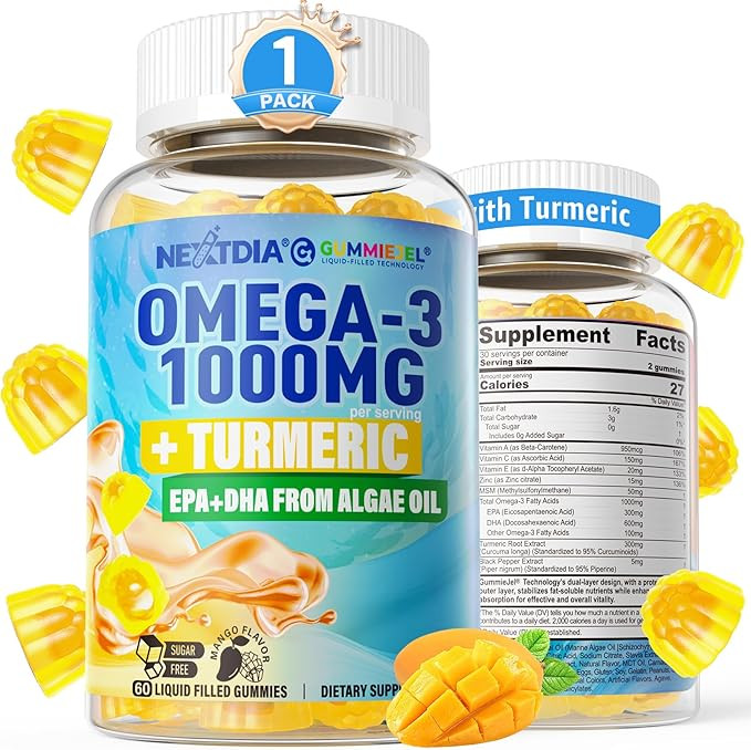 Vegan Omega-3 Gummies 1000mg + Turmeric - Omega 3 Fish Oil Alternative for Adults - Algae DHA 600... | Amazon (US)