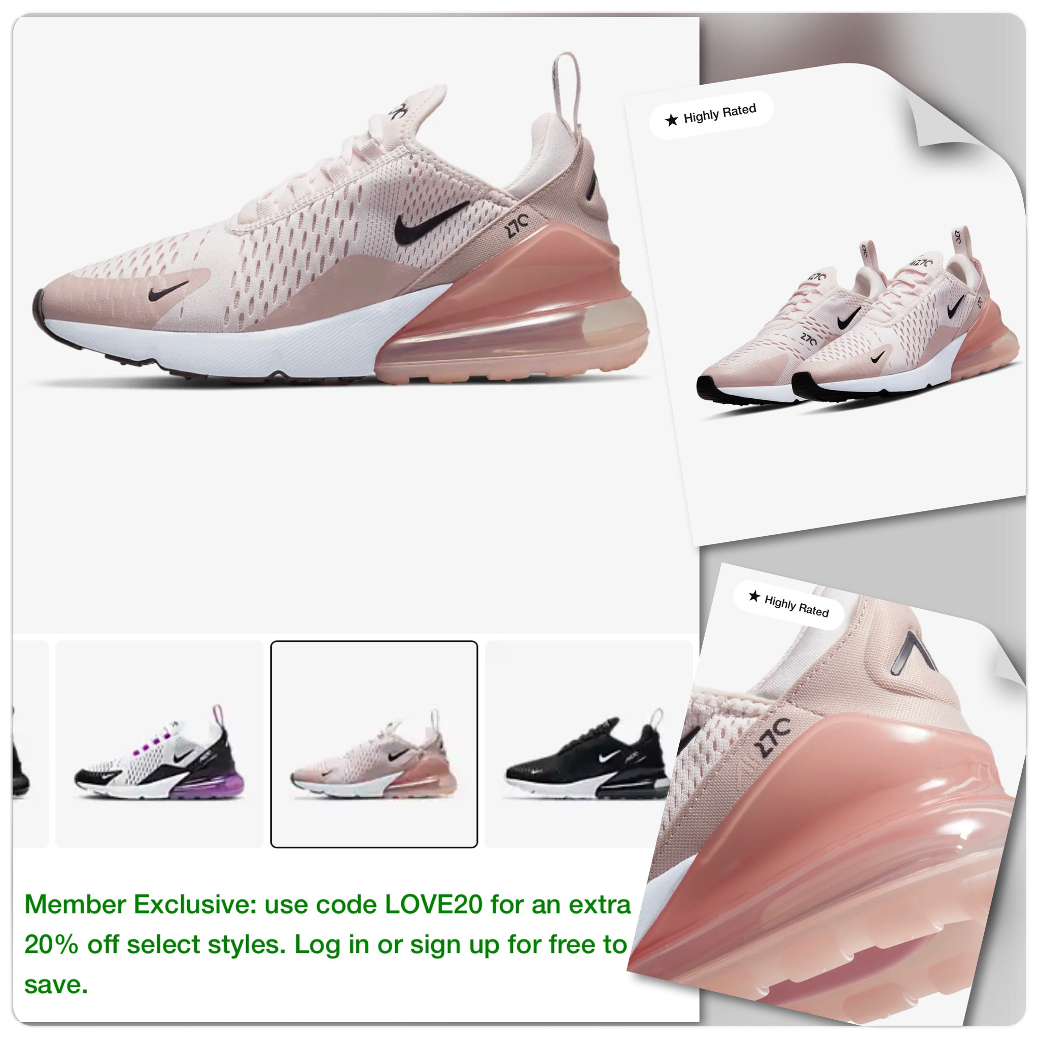 Nike AirMax 270
Everyone’s favorite ❤️ 

Member Exclusive: use code LOVE20 for an extra 20% off select styles. Log in or sign up for free to save. Only until 2/4/2023 

Very Comfy and stylish 
Size 7,5 

#LTKsalealert #LTKFind #LTKGiftGuide