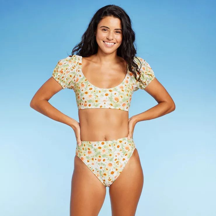 Women's Puff Sleeve Bikini Top - Wild Fable™ Green Daisy Print | Target