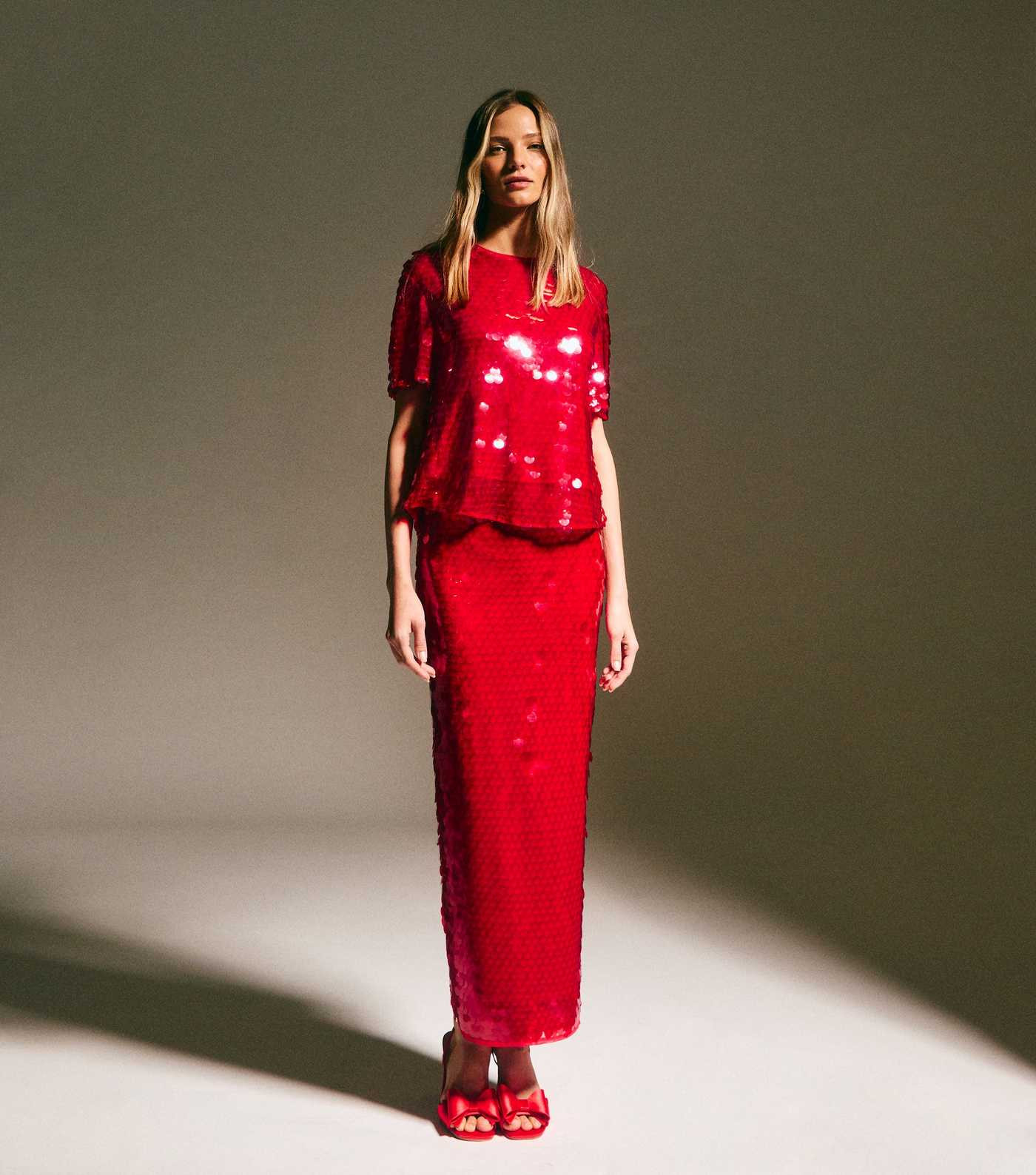 Bright Red Sequinned Short Sleeve Top | New Look | New Look (UK)