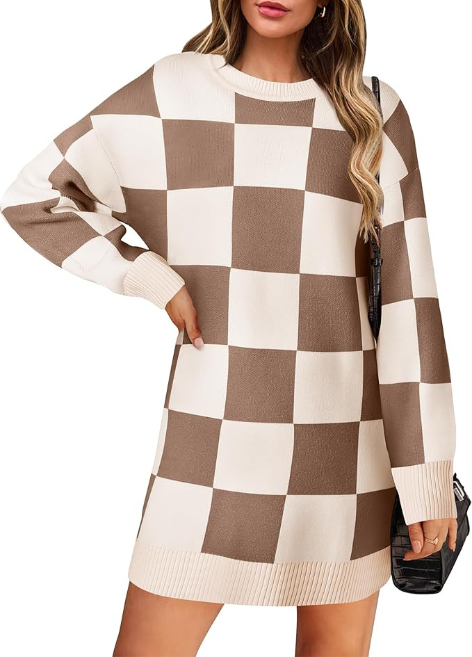 ZESICA Women's Casual Long Sleeve Tunic Sweater Dress Crew Neck Plaid Knit Oversized Pullover Jum... | Amazon (US)