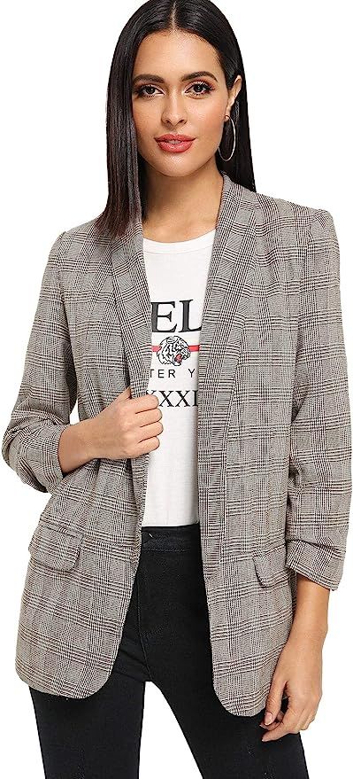 SheIn Women's Shawl Collar 3/4 Ruched Sleeve Open Front Blazer Jacket | Amazon (US)