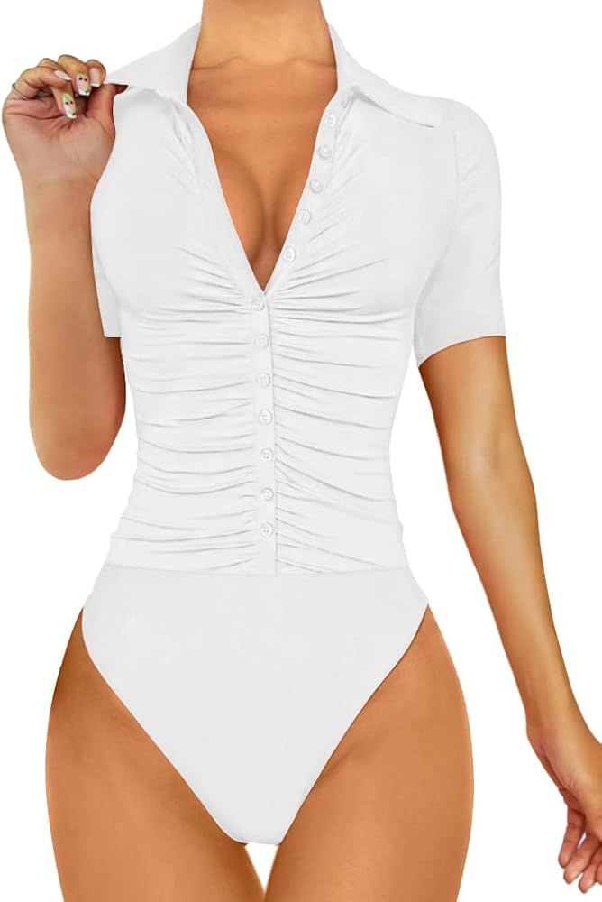 DAAWENXI Women's Sexy Button Down Leotards Ruched Summer Basic Bodysuits | Amazon (US)