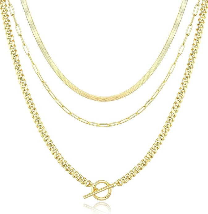 Gold Layered Necklaces for Women, 14K Dainty Gold Chain Necklace Women Trendy Cuban Link Papercli... | Amazon (US)