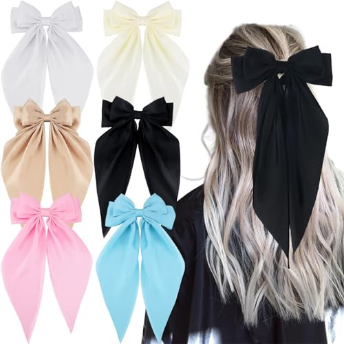 6Pcs Hair Bows for Women Girls Black Hair Ribbon Clips Large Bowknot Barrettes White Pink Satin Bow Hair Clips Cute Hair Clips Pins Metal Y2k Hair Accessories for Braids Teens Toddlers | Amazon (US)