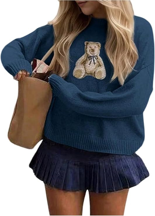 Floerns Women's Bear Long Sleeve Pullover Sweater Cute Crew Neck Knitted Tops | Amazon (US)