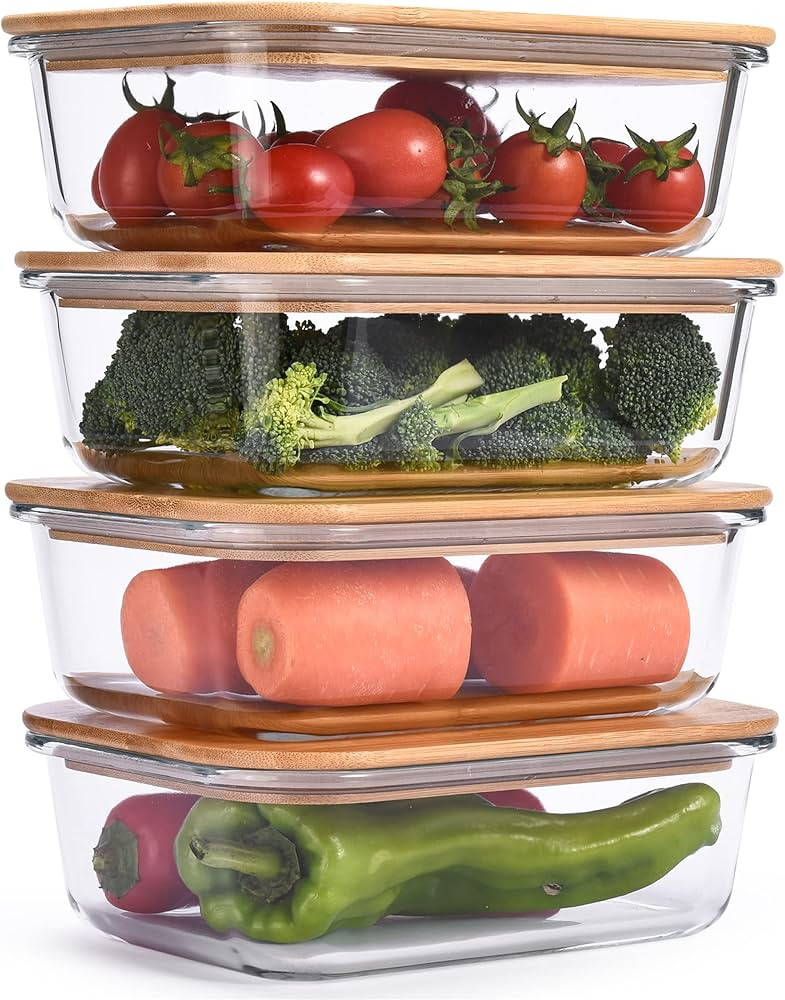 Glass Food Storage Containers with Bamboo Lids (Pack of 4) - Stackable Meal Prep Container - Airt... | Amazon (US)