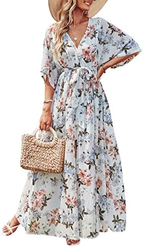 ANRABESS Women’s Summer Loose Kimono Maxi Dress Wrap V Neck 3/4 Sleeve Floral Print Slit Long D... | Amazon (US)