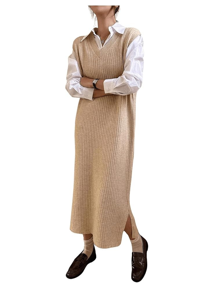 OYOANGLE Women's Split Hem Rib Knit Midi Sweater Dress V Neck Sleeveless Loose Fit Sweater Vest | Amazon (US)