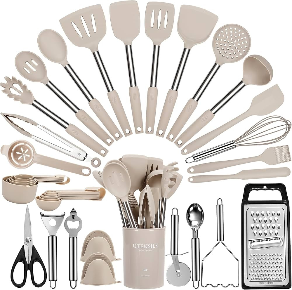 Fyvva Large Cooking Utensils Set, 35 Pcs Spatula Set with Holder, Silicone Kitchen Utensils Set w... | Amazon (US)