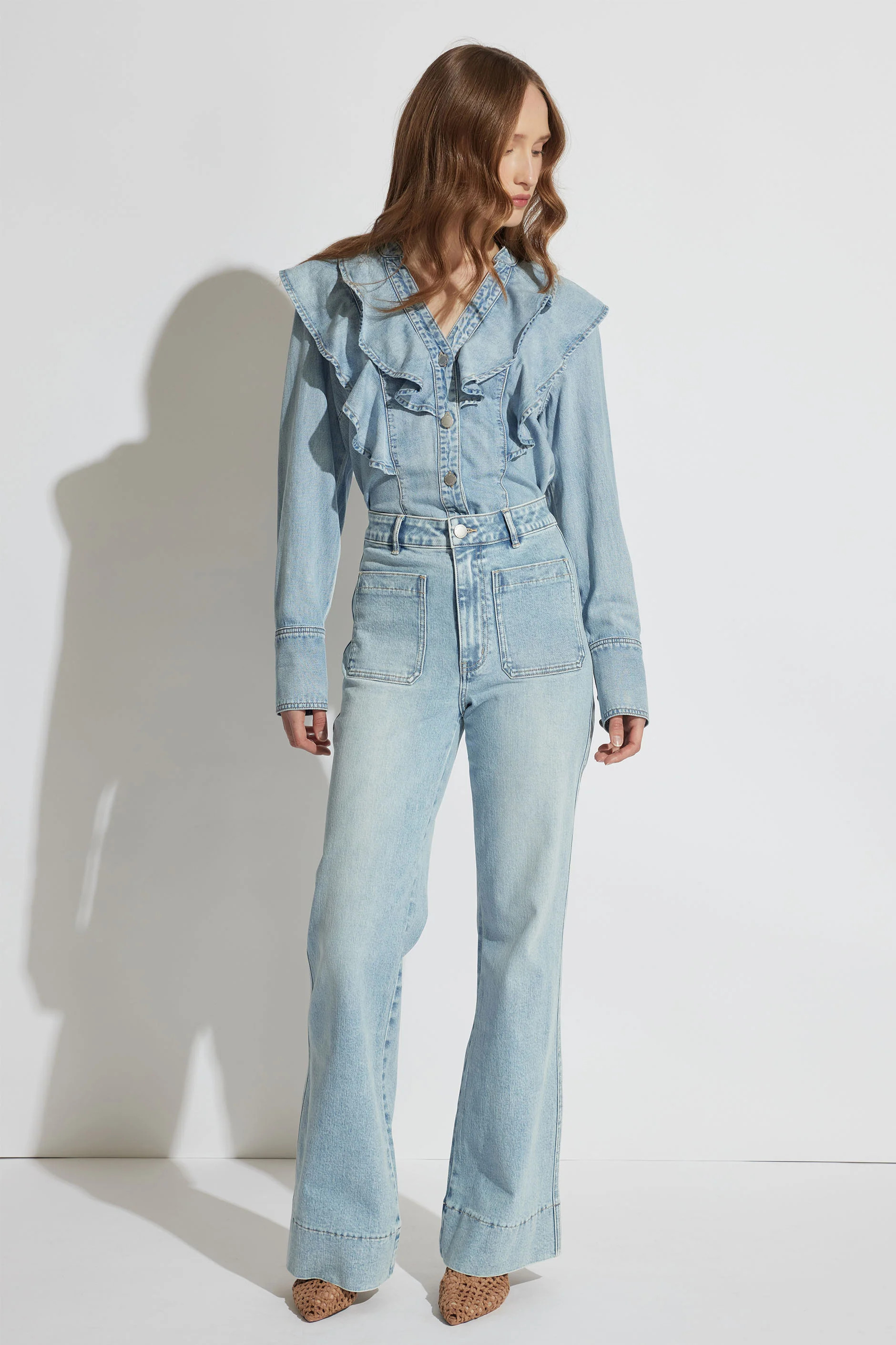 Cecilia Ruffle Denim Blouse - Hour Blue | DECJUBA