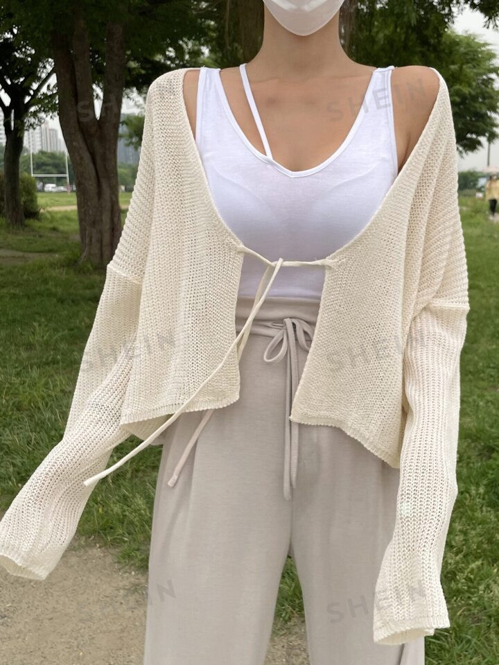 DAZY Solid Drop Shoulder Tie Front Cardigan | SHEIN
