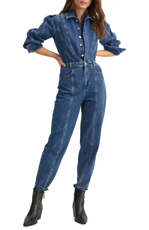 MANGO Blouson Sleeve Denim Jumpsuit in Dark Blue at Nordstrom, Size Medium | Nordstrom