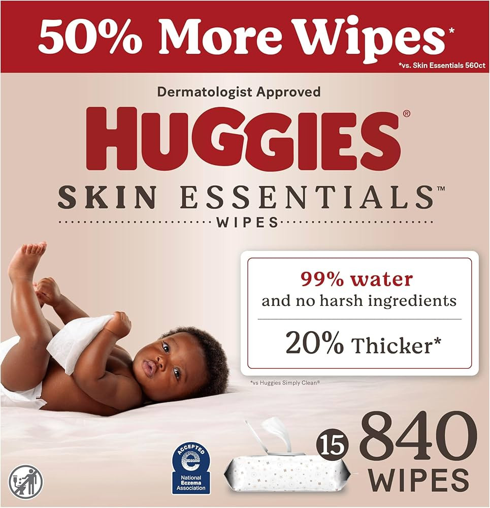 Huggies Skin Essentials Baby Wipes, Hypoallergenic, 99% Water, 15 Flip Top Packs (840 Wipes Total... | Amazon (US)