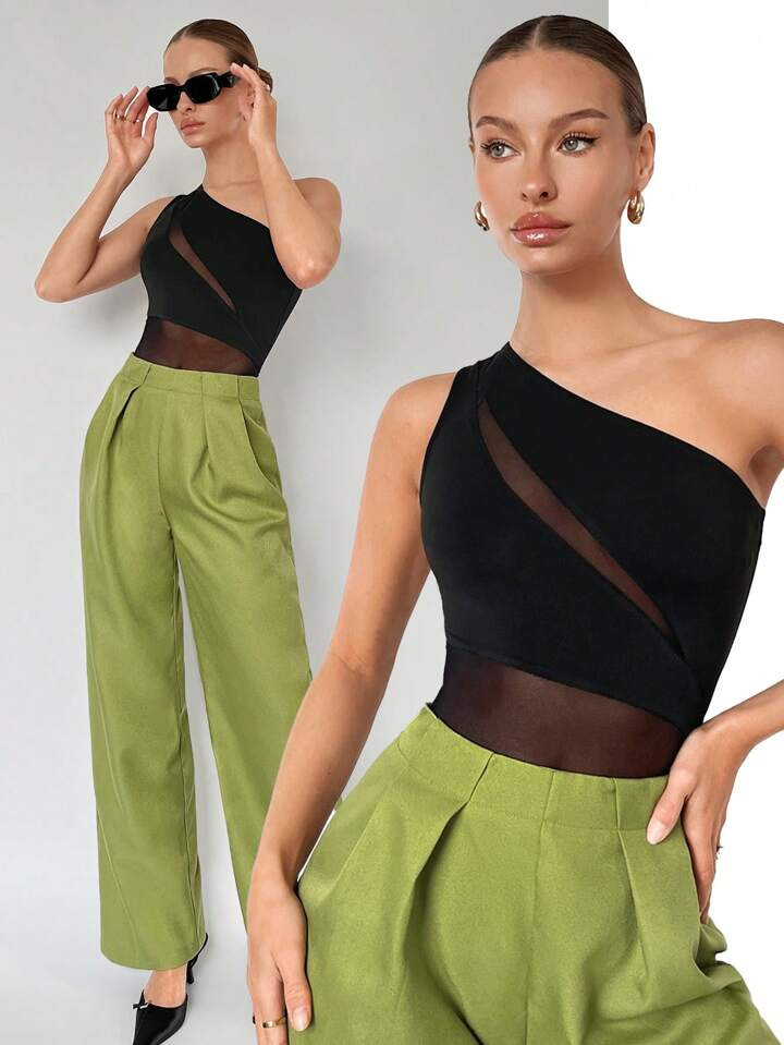 SHEIN BIZwear Women's Mesh Splice Asymmetric Collar Bodysuit | SHEIN