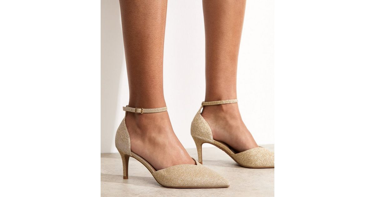 Wide Fit Gold V-Vamp Shimmer Court Shoes | New Look | New Look (UK)