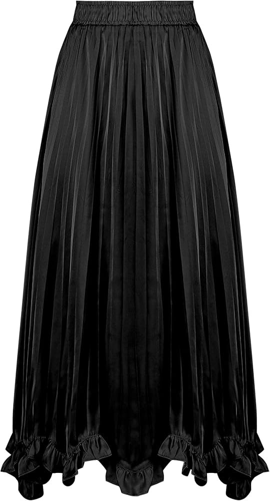 Satin Midi Skirt for Women Pleated Elastic Waist Relaxed Fit A-Line Slip Skirt with Ruffle Hem | Amazon (US)