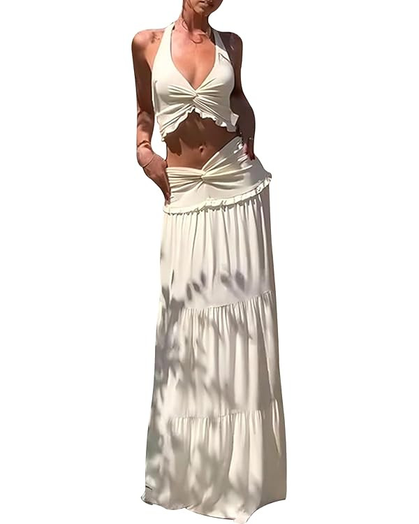 Famnbro Womens 2 Piece Skirt Sets Halter V Neck Y2k Top and Flowy Ruffle Maxi Skirts Summer Vacat... | Amazon (US)