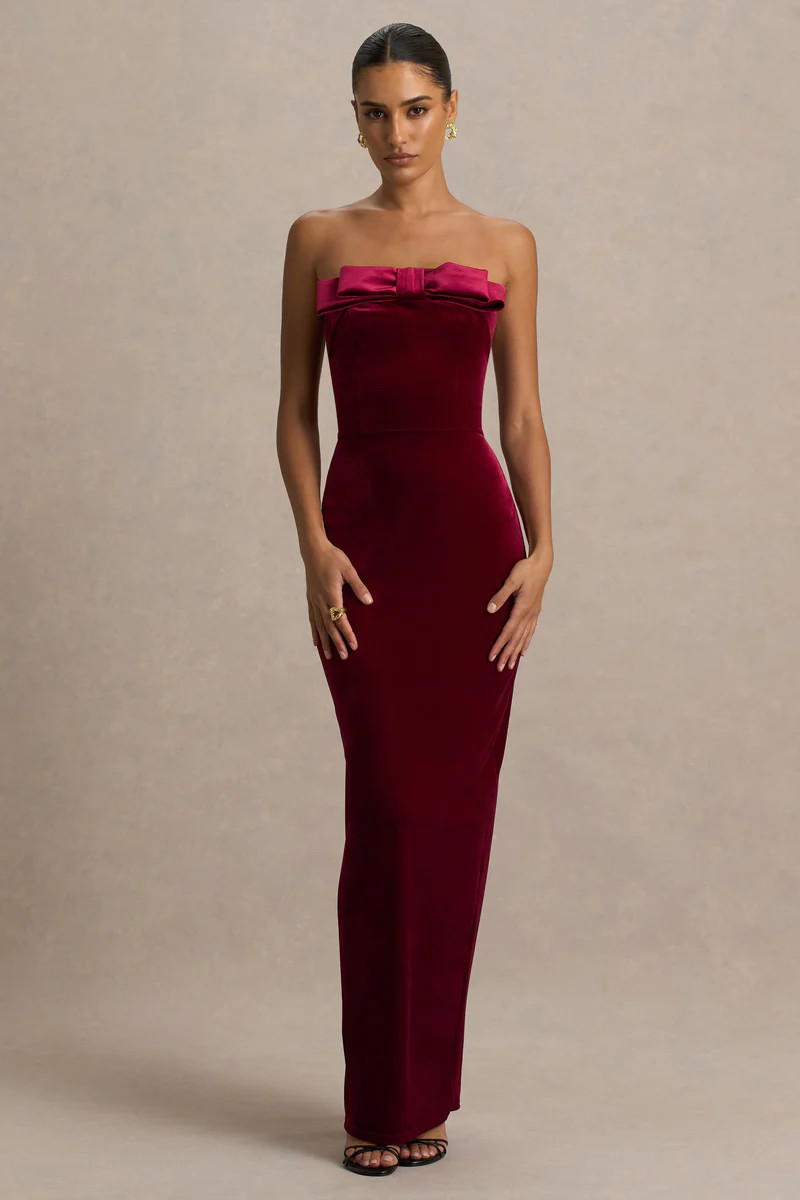 Illusion  Burgundy Velvet Bandeau Maxi Dress With Bow Detail | Club L London