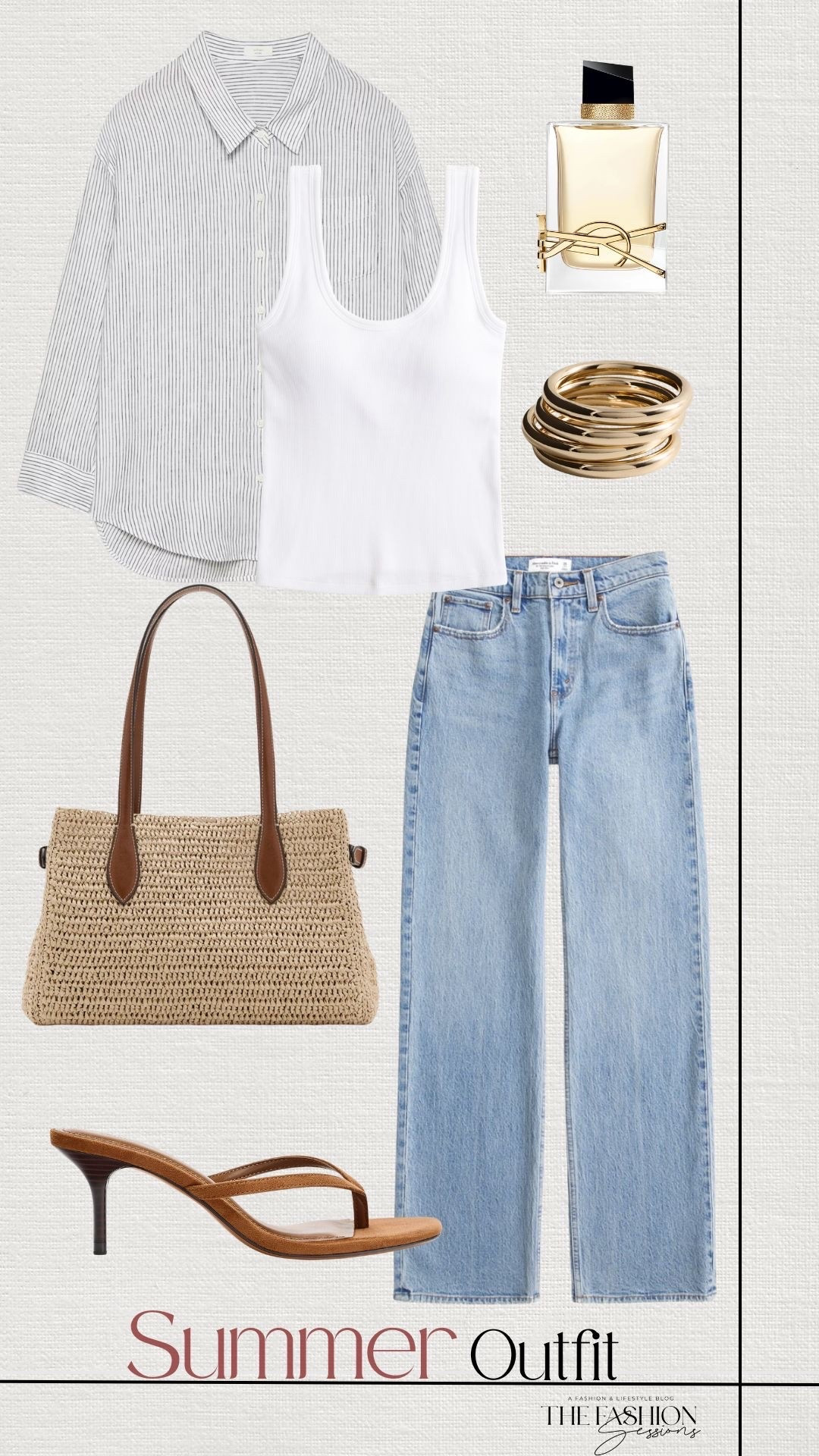 Summer Outfit | Striped Button Down | White Tank | Denim Jeans | Woven Bag | Suede Sandal Heel |

#LTKSeasonal #LTKootd