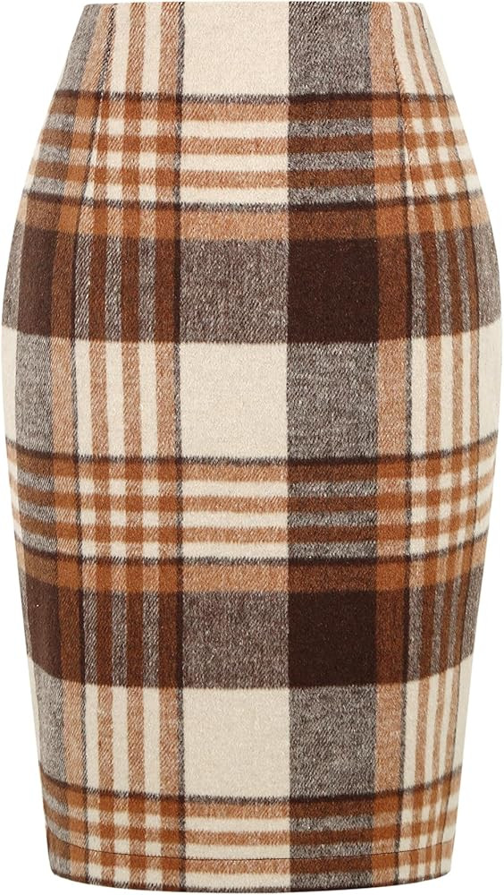 IDEALSANXUN Plaid Skirts for Women Fall Winter Knee Length Pencil Wool Skirt with Slit | Amazon (US)