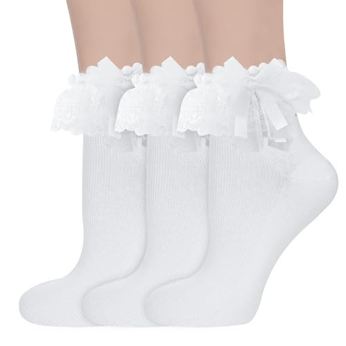 MKYSZLT 3 Pairs White Lace Ruffle Frilly Ankle Socks for Women,Cute Cotton Socks with Lace Bow Ruffle Trim Socks | Amazon (US)