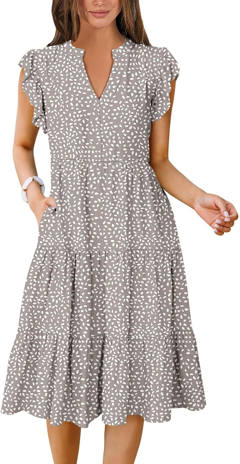 ANRABESS Womens Summer Dress Ruffle Sleeve V Neck Midi Dresses | Amazon (US)