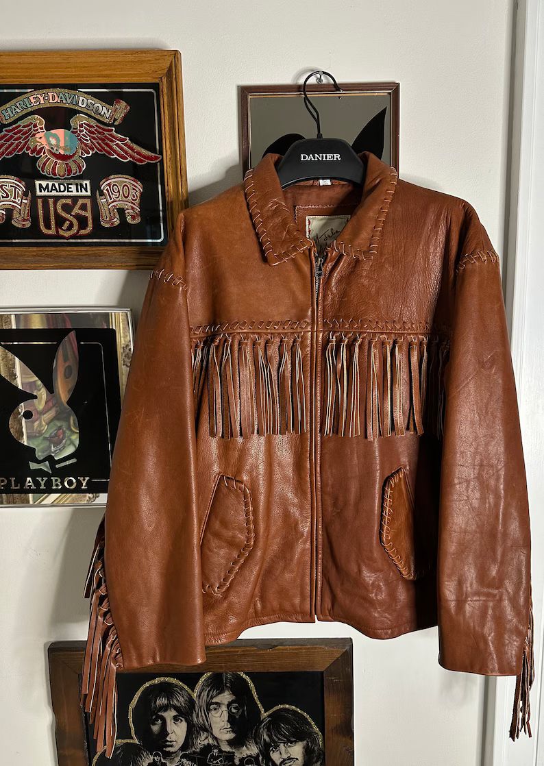 Vintage Terracotta Brown Leather Bomber Jacket Fringe Back & Down Sleeves Zipper Front Heavy Cowh... | Etsy (CAD)