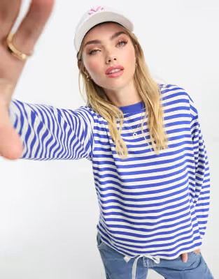 Monki cotton long sleeve stripe top in blue and white | ASOS | ASOS (Global)