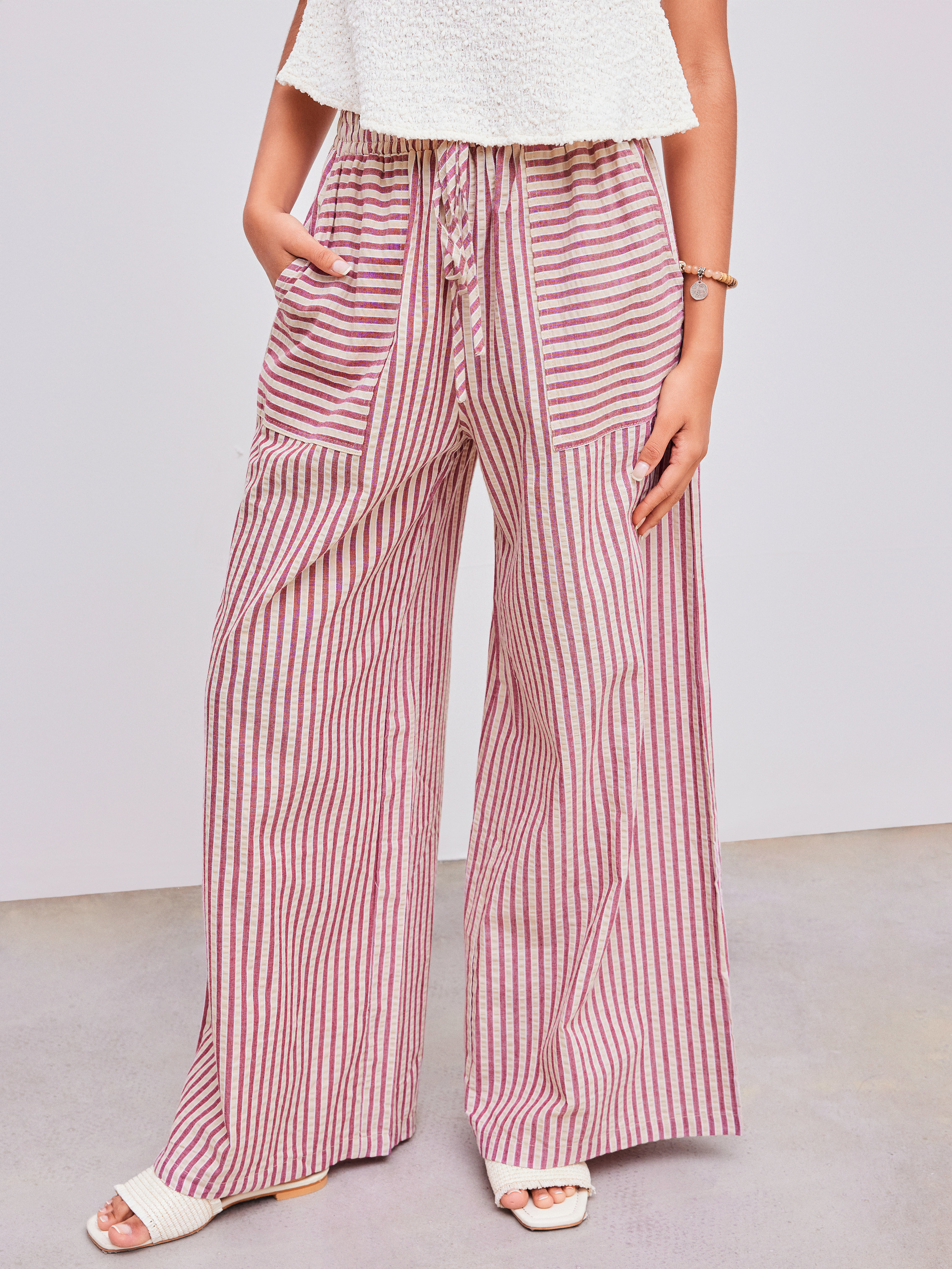 Miley Stewart Summer Woven Mid Rise Stripe Knotted Pocket Trousers For School | Cider