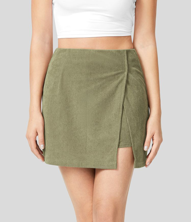 Women’s High Waisted Back Zipper Split Hem 2-in-1 Corduroy Casual Skirt - Halara | HALARA