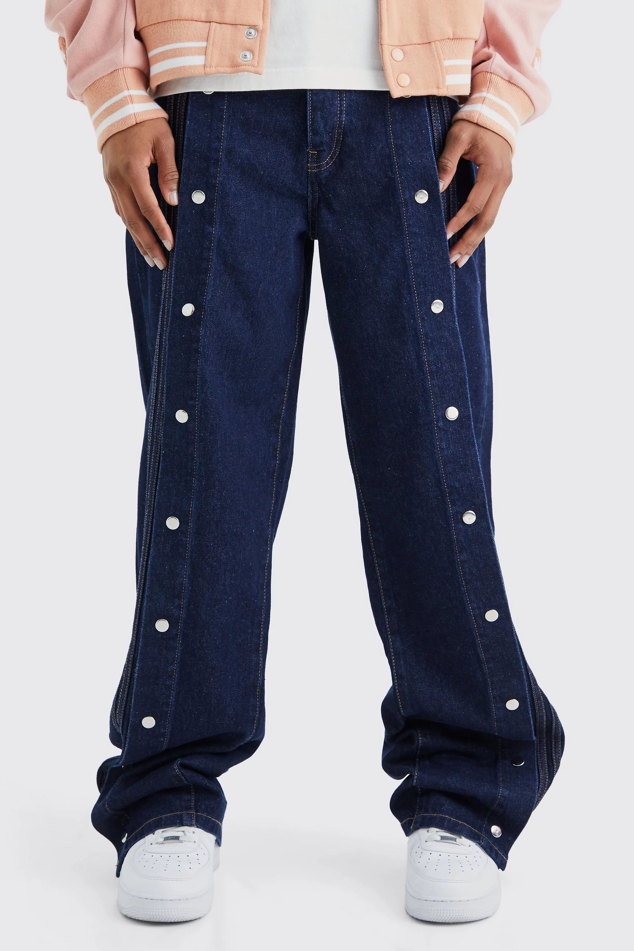 Baggy Rigid Popper Front Jeans | boohooMAN (US & Canada)
