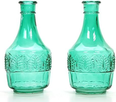 Hosley Set of 2 Green Glass Bottle 8.6 Inch High Ideal Flower Vase Nautical retro Vintage Farmhouse  | Amazon (US)