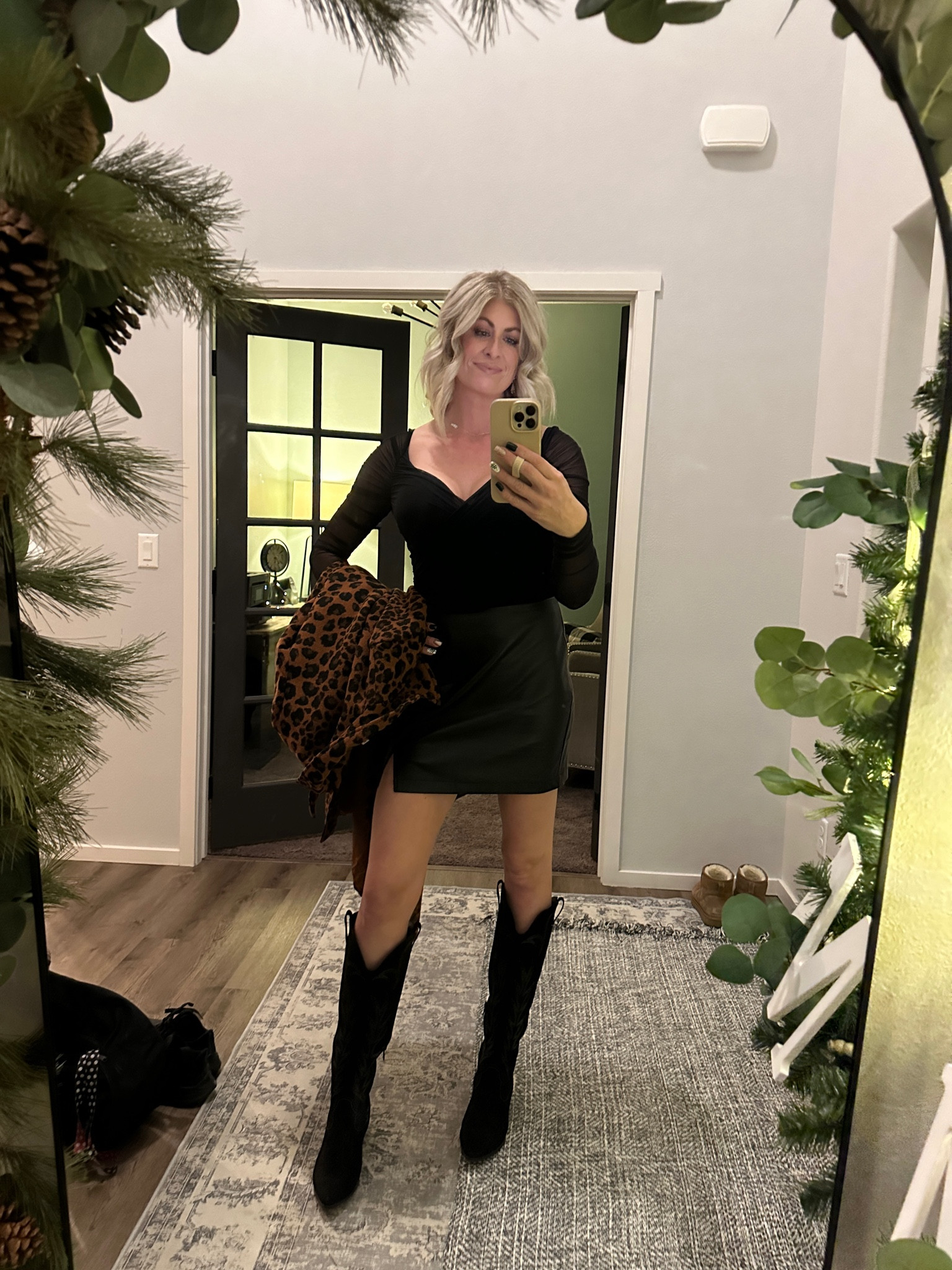 Party outfit, holiday outfit, black boots, leather skirt