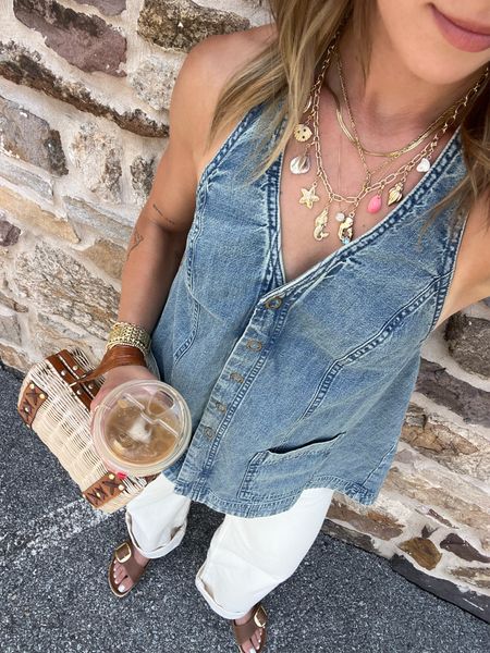 6/5/24 Casual summer outfit 🫶🏼 Summer outfit inspo, summer fashion trends, summer trends, summer outfits, white jeans, free people style, free people outfits, denim top, denim halter top, Birkenstock sandals, chunky jewelry, fashion accessories, fashion trends, trendy summer outfits