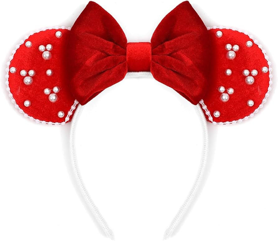 JIAHANG Velvet Mouse Ears Hair Bow Headband with Pearls, Red Christmas Party Decoration Costume H... | Amazon (US)