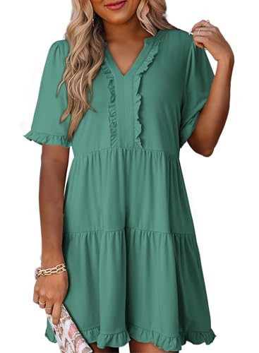 Dokotoo Womens Casual Dresses Short Sleeve V Neck Spring Summer Flowy Swing Dressly Western Dress A Line Babydoll Mini Skater Church Dress Lake Blue Plus Size Dresses for Curvy Women XXL | Amazon (US)