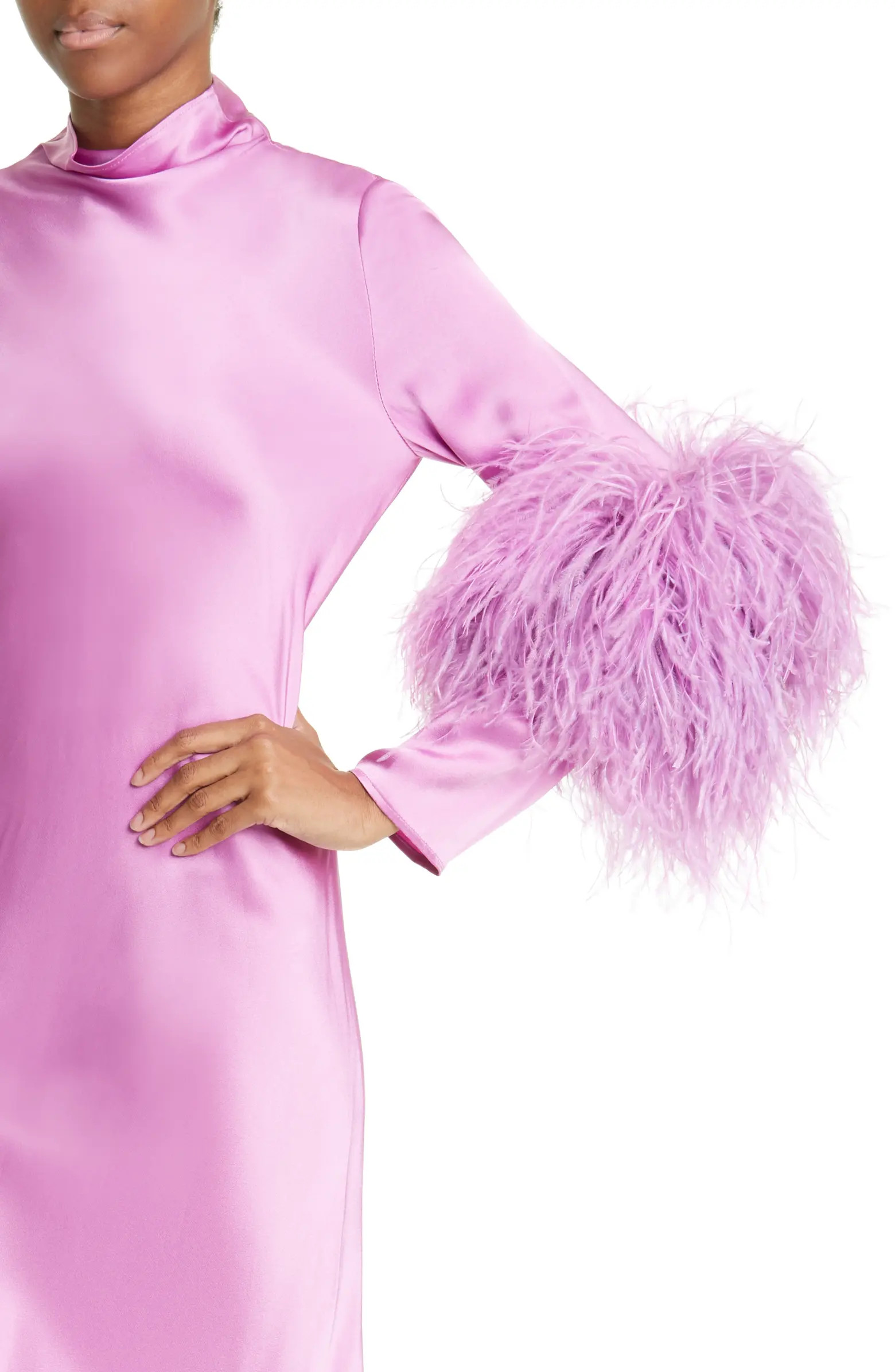 Ostrich Feather Trim Long Sleeve Double Face Satin Maxi Dress | Nordstrom